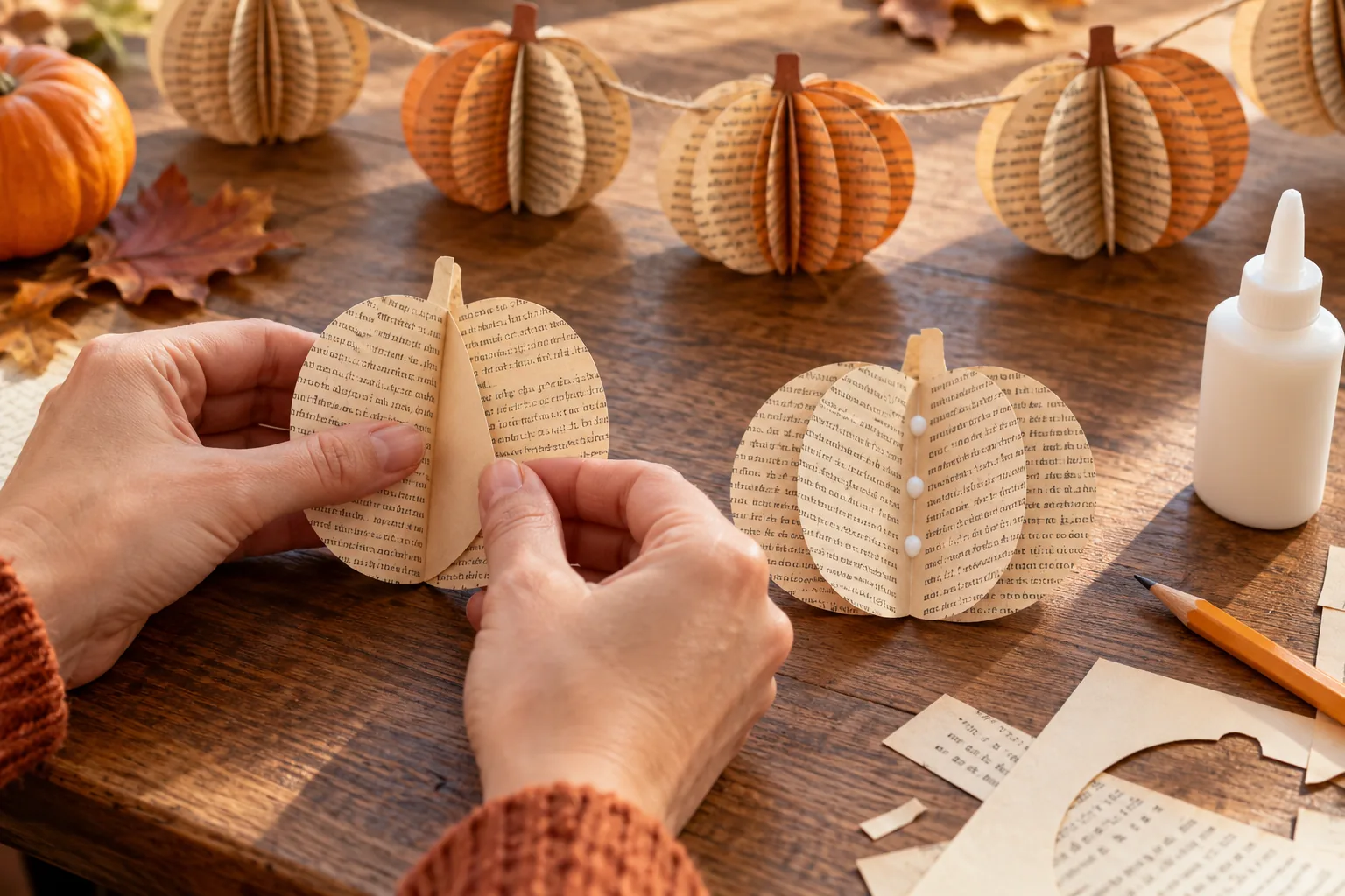 Joining folded book-page pumpkin shapes with paper glue to make a dimensional form