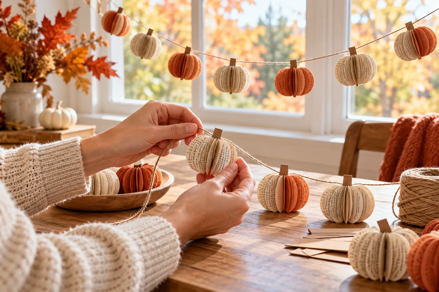 Threading finished paper pumpkins onto cotton cord for a Halloween garland