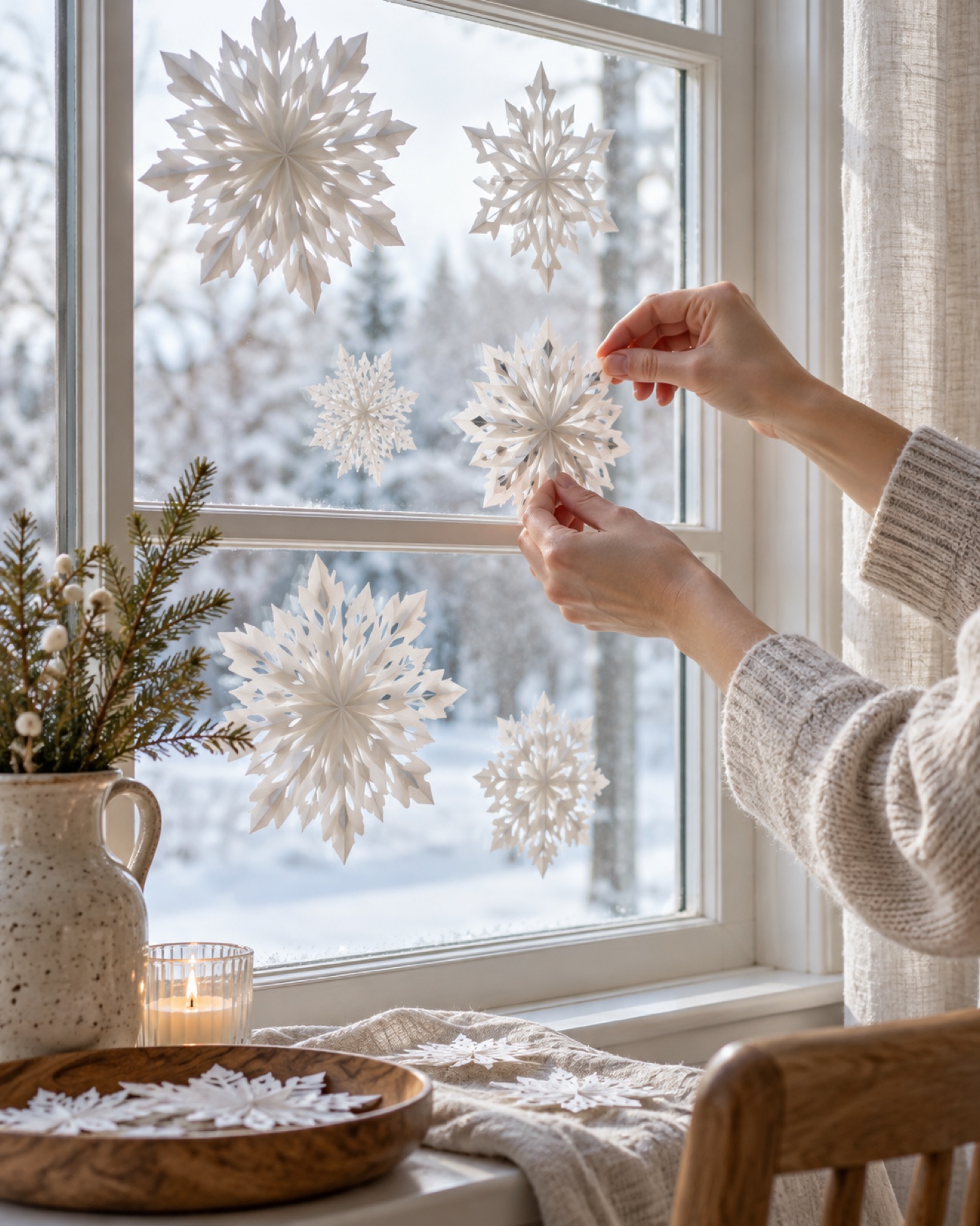 Handmade white paper snowflakes being arranged at different heights on a bright winter window
