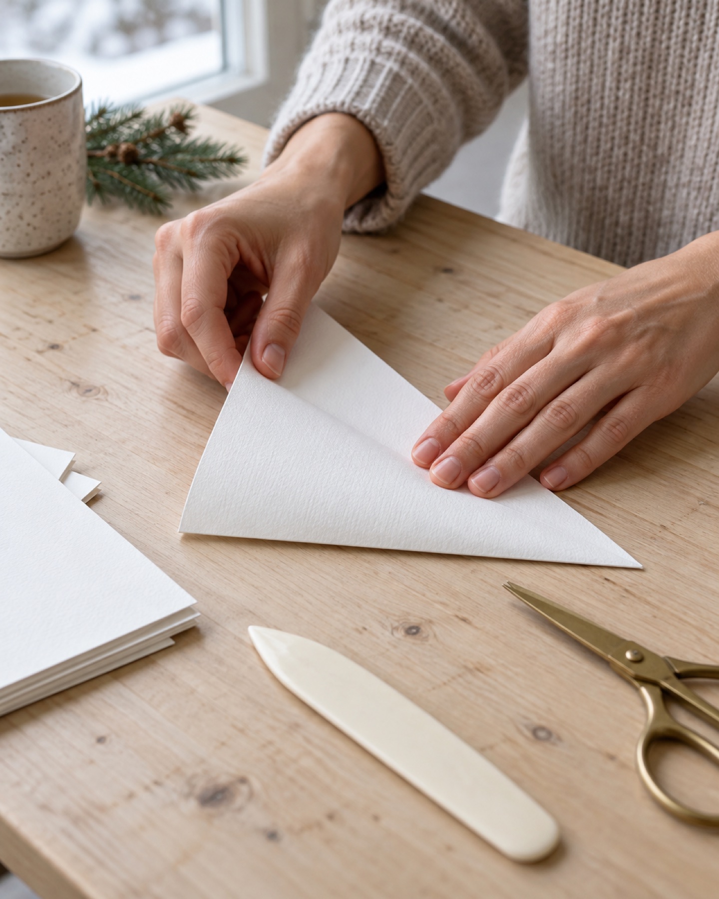 Hands folding a square of white paper into a precise triangle on a pale wooden craft table