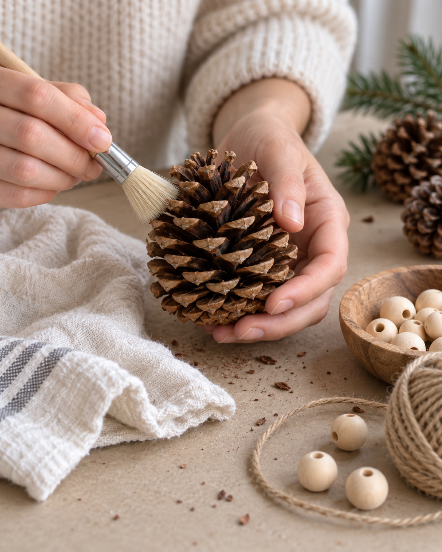 A dry pinecone being gently brushed clean on a neutral craft table with cord and wood beads nearby