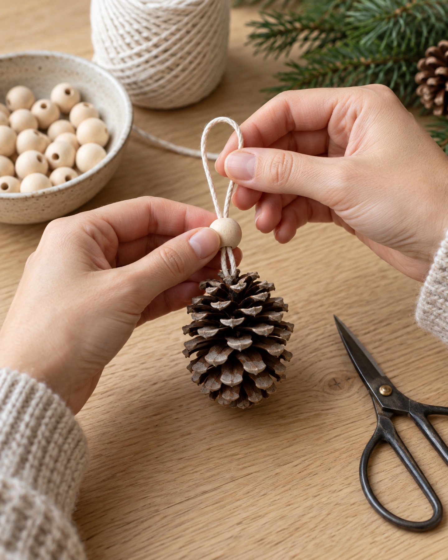 Cotton cord being threaded through a wooden bead to form a loop for a small pinecone ornament