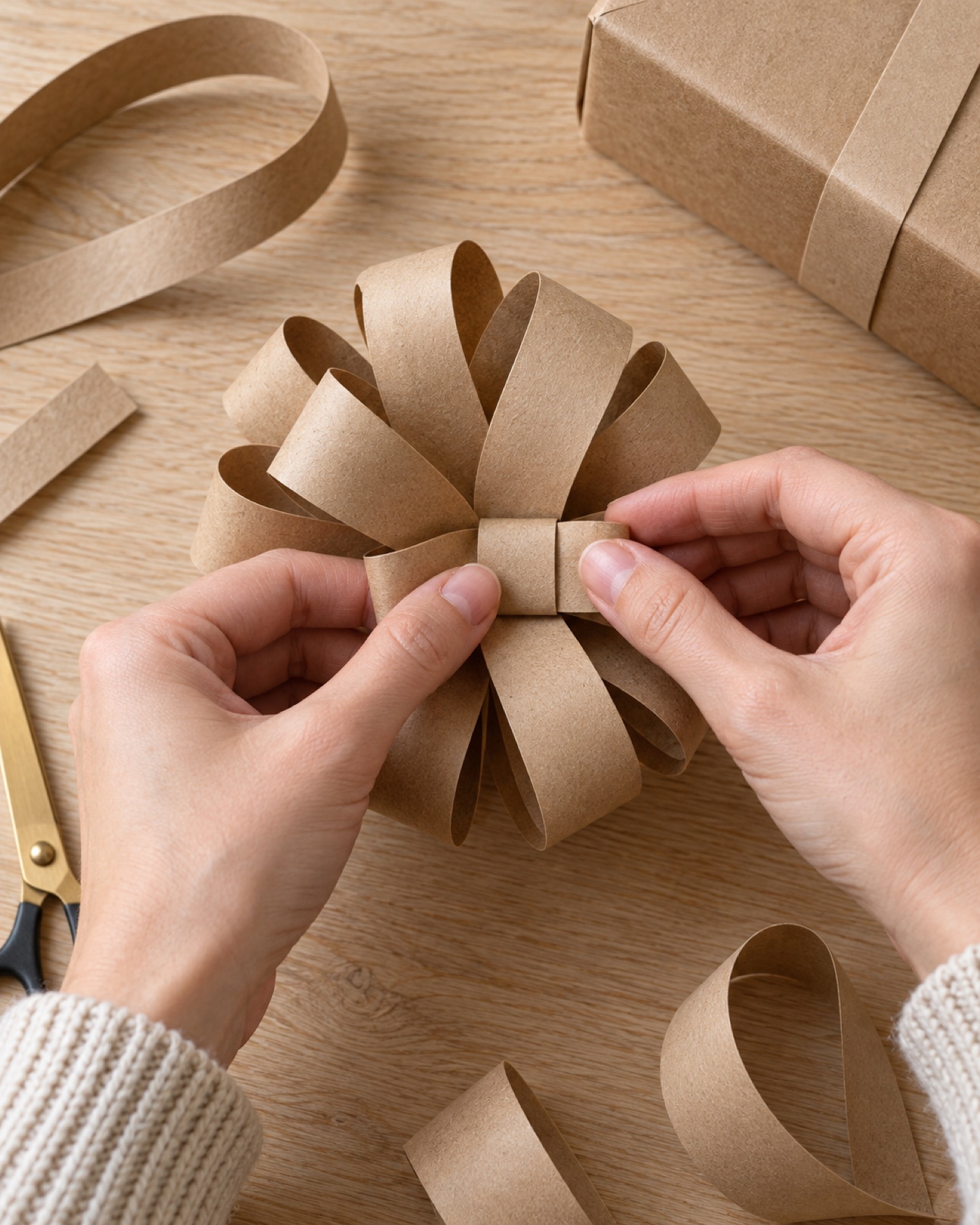 Layered curled paper loops being assembled into a dimensional gift bow with a narrow center band