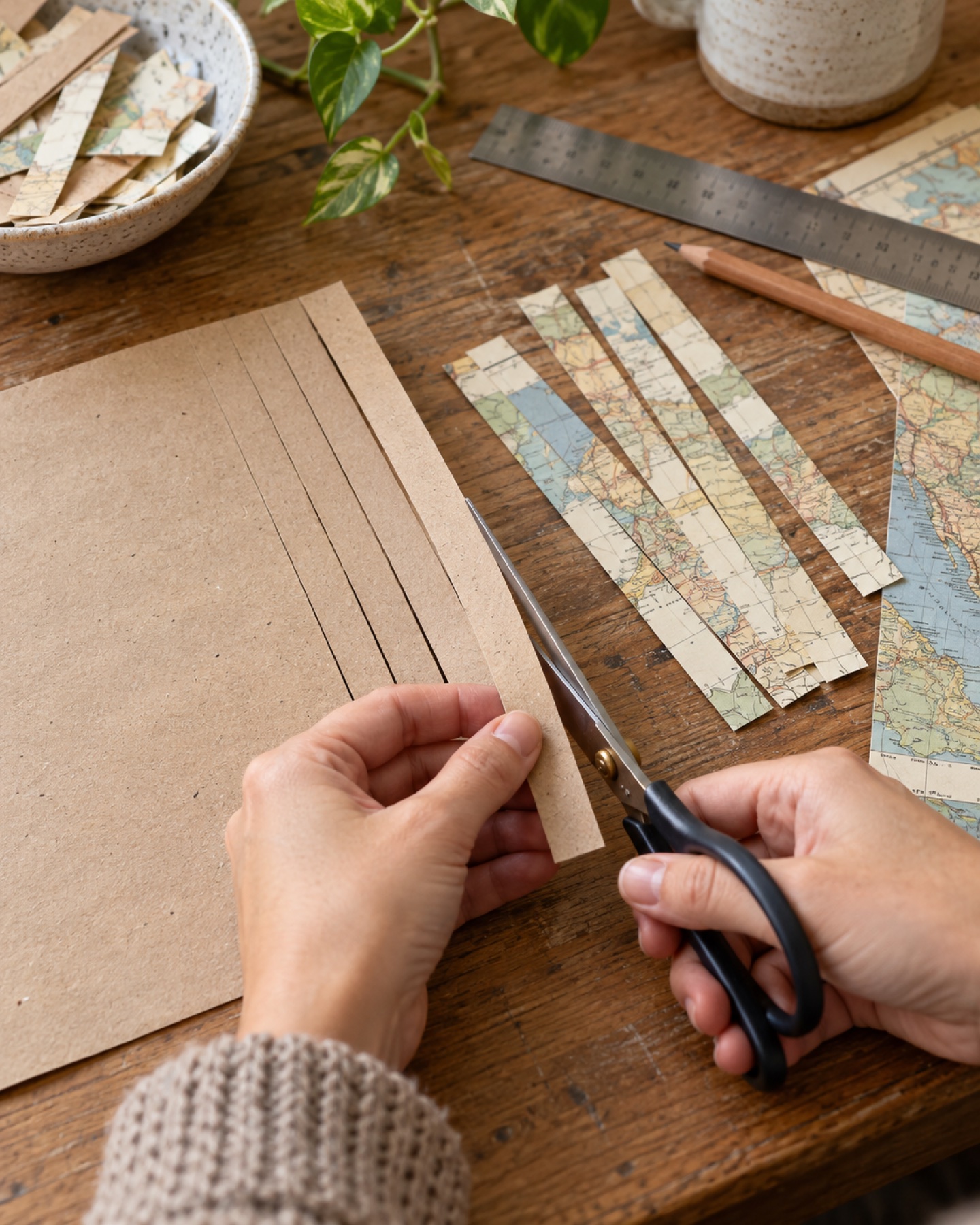Paper strips being measured and cut from recycled kraft paper and a vintage map on a craft table