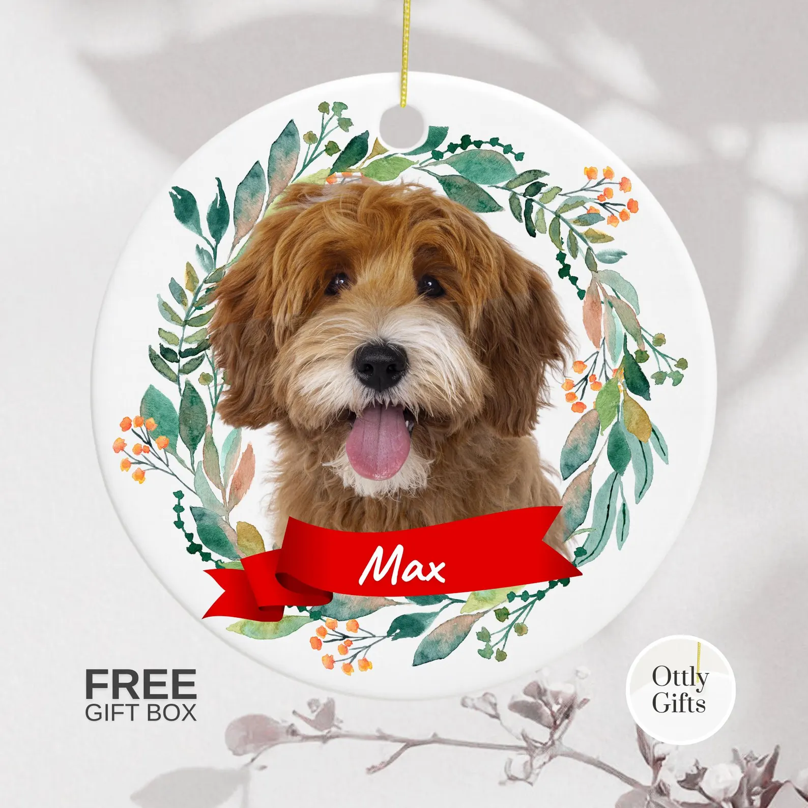Ottly dog photo ornament with a personalized name ribbon