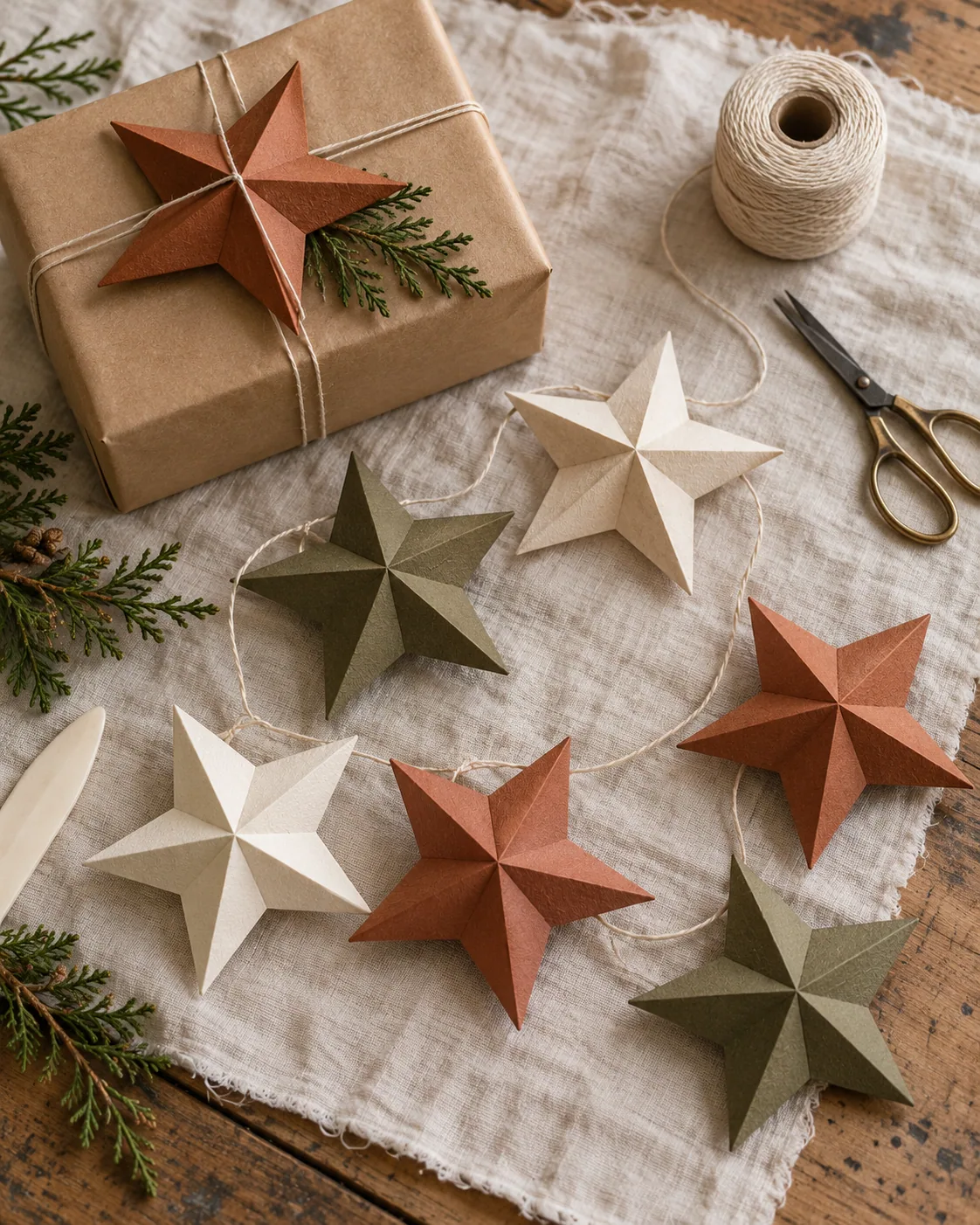 Hand-folded paper stars in cream, rust, and olive used on a wrapped gift and garland