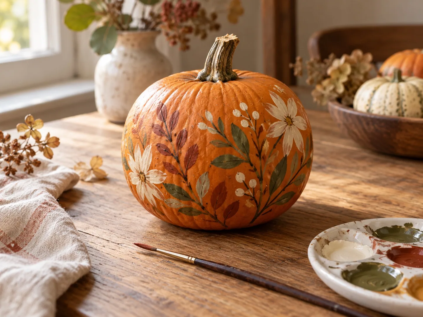 Natural pumpkin with a restrained hand-painted botanical motif