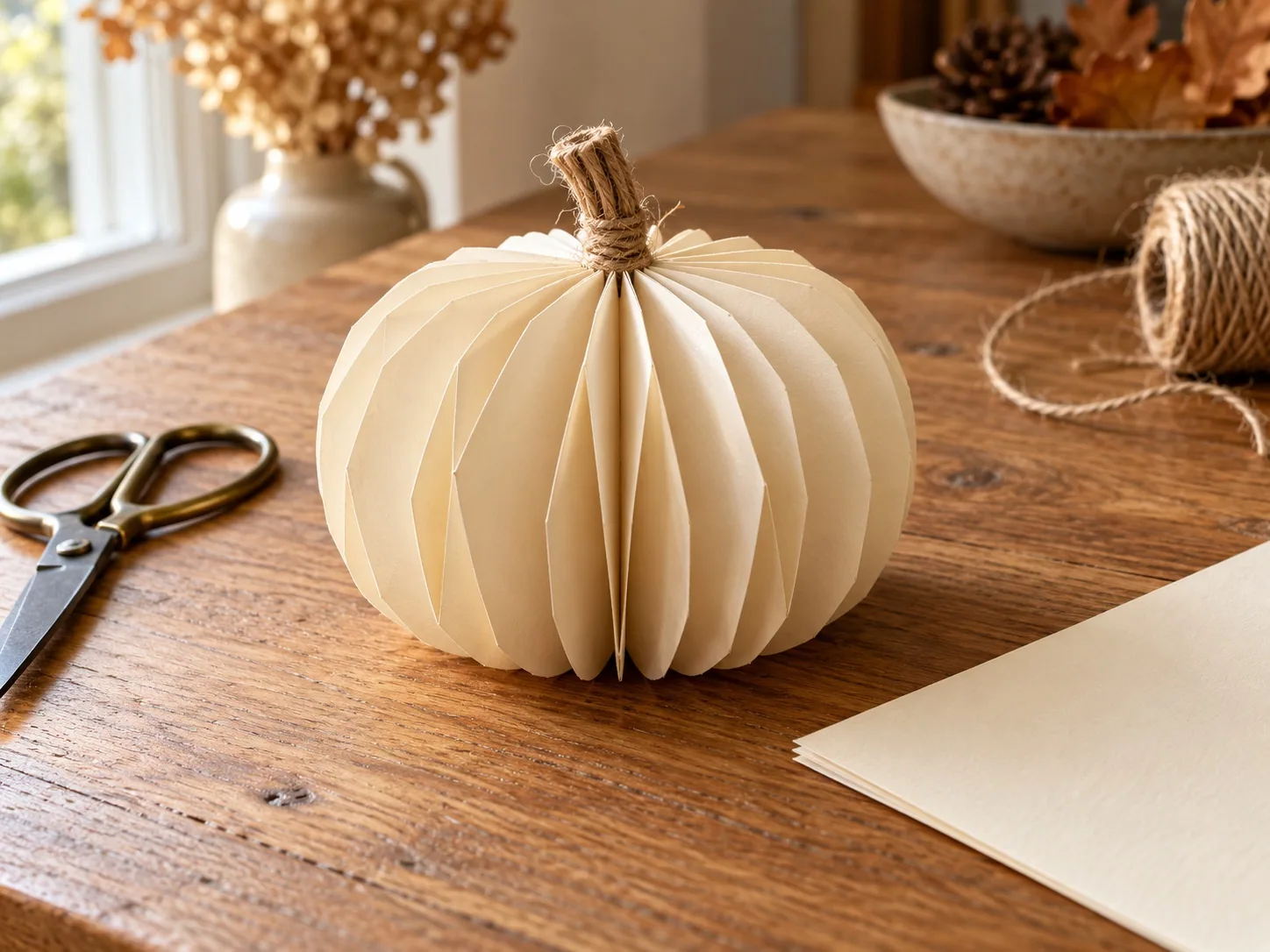 Cream accordion-folded paper pumpkin with twine stem on a worktable