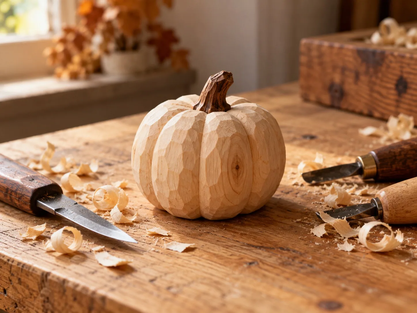 Small hand-finished wooden pumpkin with visible grain on a worktable